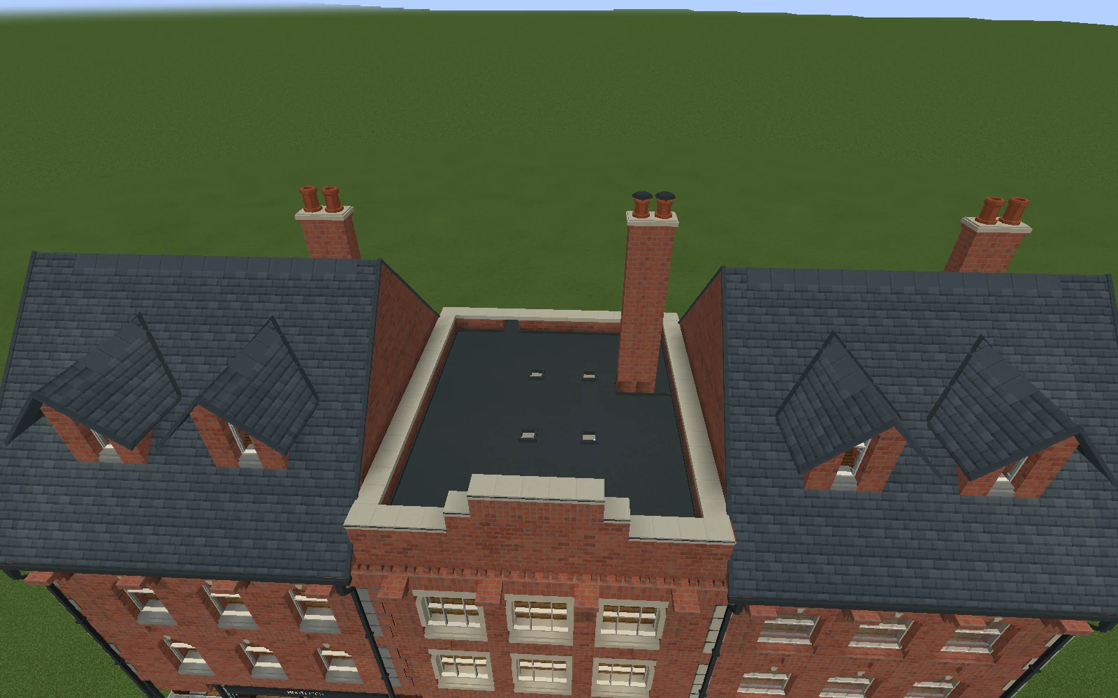 An elevated view shows four fitted brick dormers, two slate pitches and a central flat roof with four rooflights and crowned chimneys.