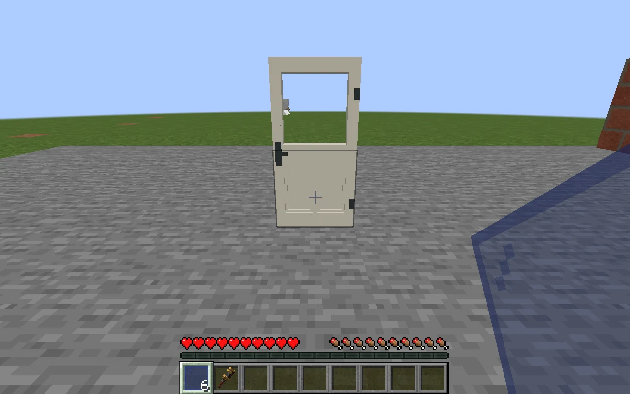 The first player independently sees the same empty door and still holds six blue glass panes.