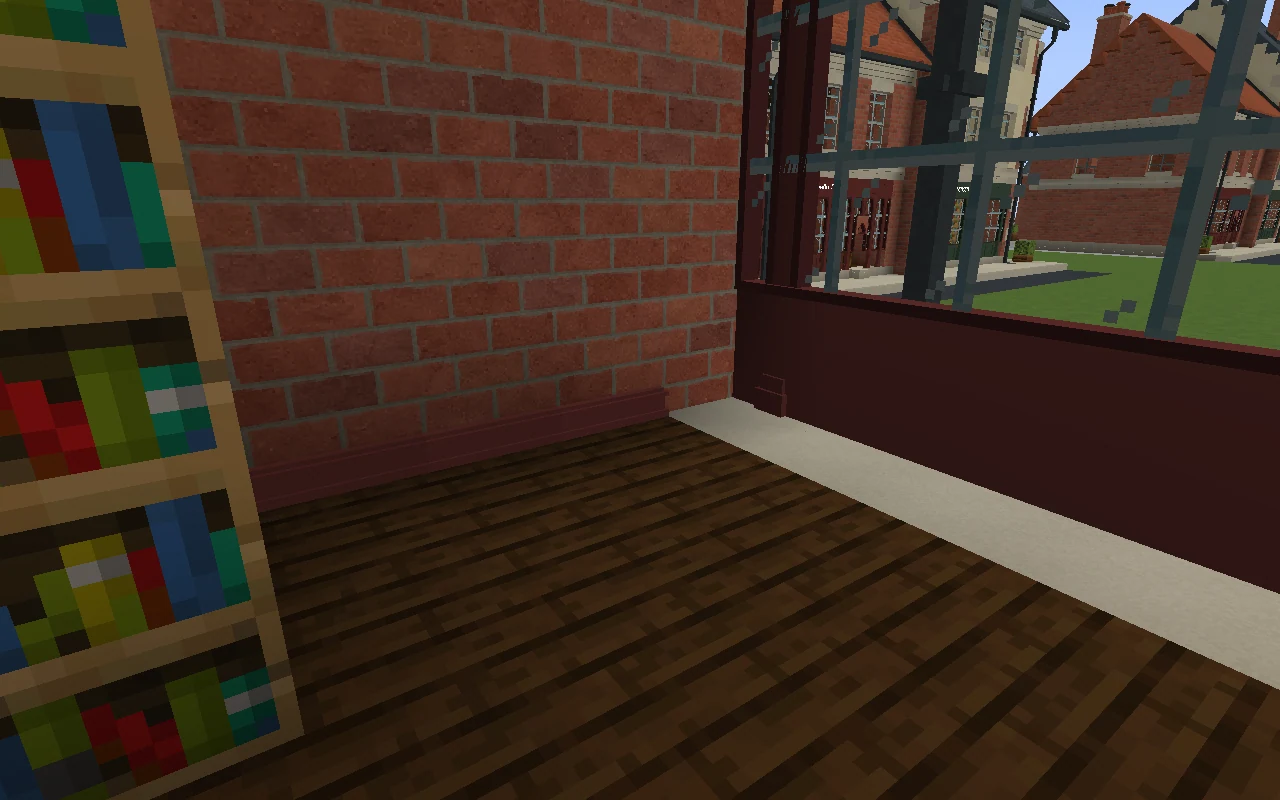 Inside the repaired pub, a solid painted pilaster-base panel meets the brick wall and lower window panel without an opening.