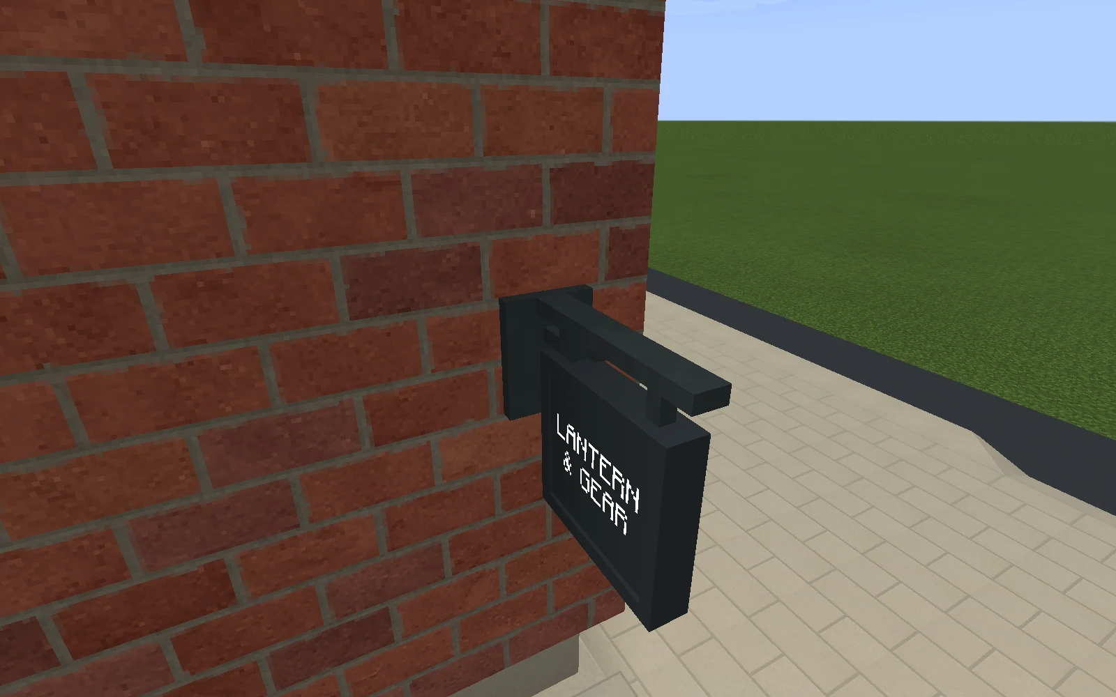 A close grazing view shows the wall plate, upper arm, stepped brace, hangers and proud moulding around the projecting sign.