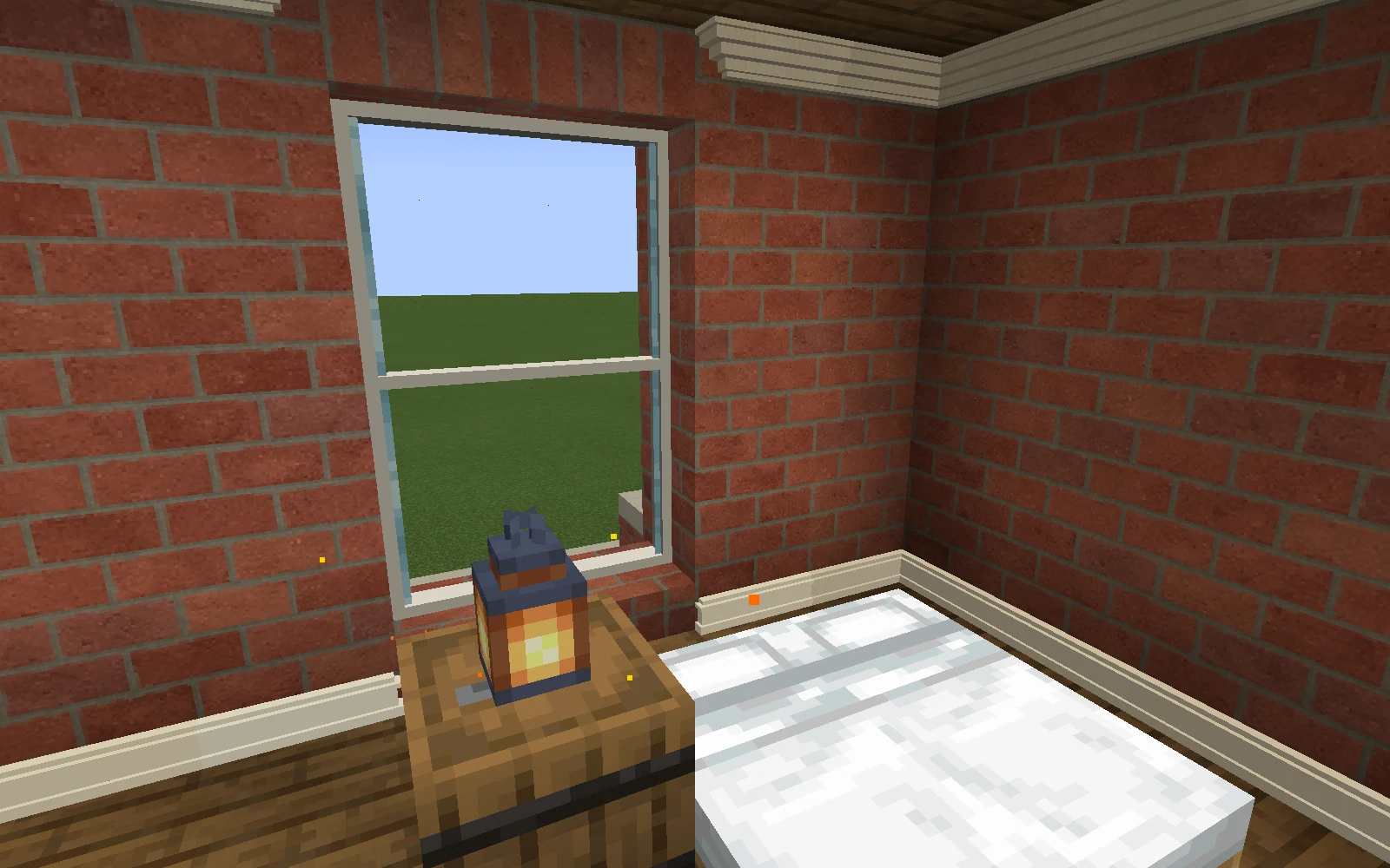 Ivory skirting turns around a bedroom corner behind a white bed, beside a tall glazed window and a lantern on a barrel.