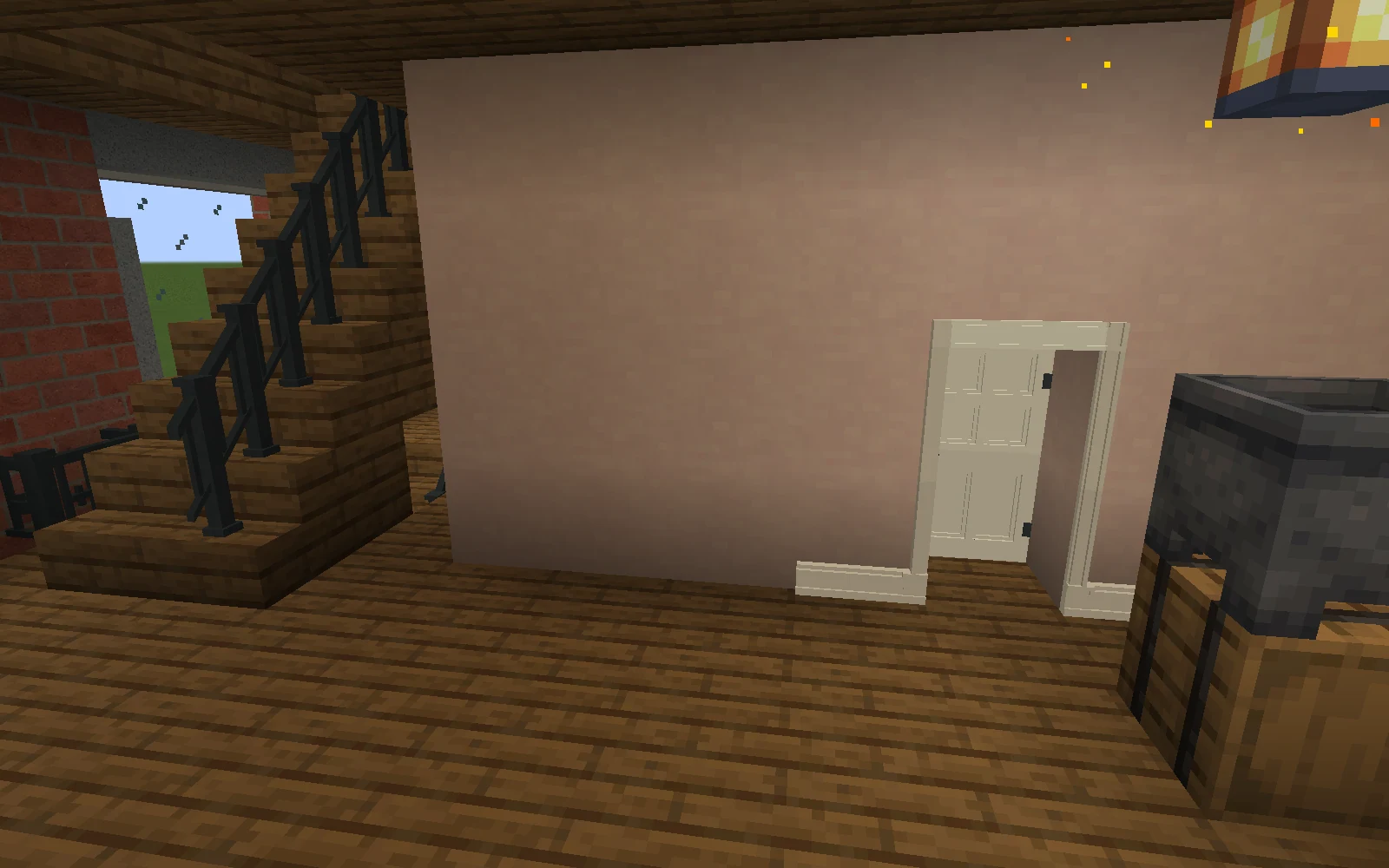 An ivory door surround ends in short skirting stubs against an otherwise bare partition beneath a timber ceiling.